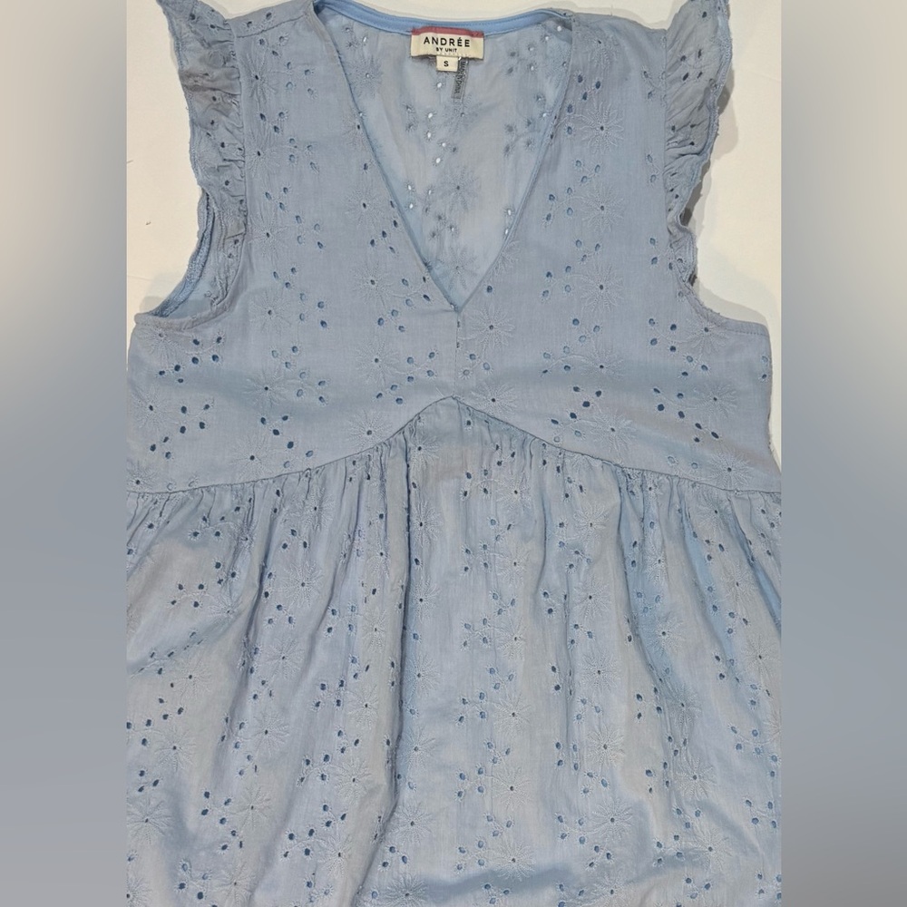 Light Blue Eyelet Dress Cotton V Neck Ruffle Sleeve Mini Cottagecore S - Picture 9 of 9